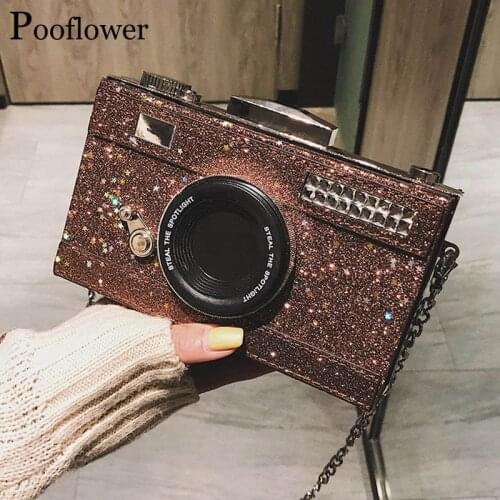 Pooflower Luxury Sequined Camera Shape Shoulder Bags Women Fashion Chains Mini Purse Bag Lady Corssbody Bag tassen dames ZH132