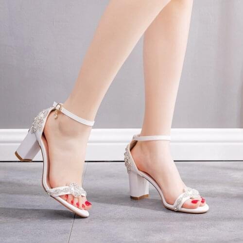 White Crystal Sexy Women Square 7CM High Heels Buckle Strap Gladiator Ladies Sandals Stiletto Wedding Dress Shoes