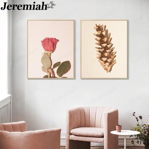 Modern Plant Canvas Painting Rose Bouquet Pine Cone Flower Poster Morandi Style Wall Art Nordic Living Room Corridor Home Decor