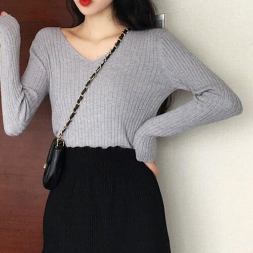 Woman T-Shirt V-neck Solid Autumn Winter Pullover Women Female Knitted Ribbed Sweater Slim Long Sleeve High Quality women top