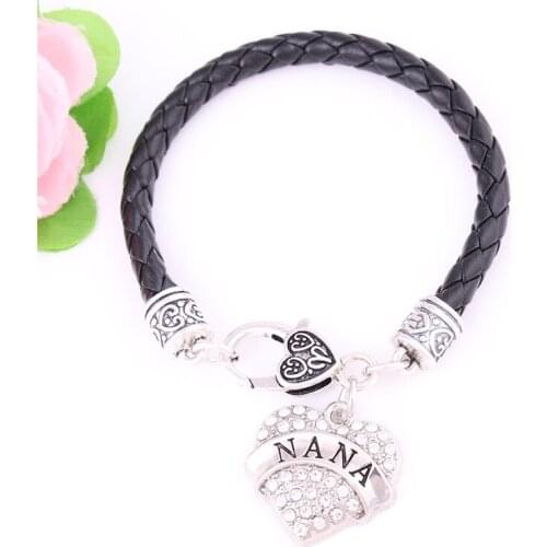 Trendy Charm Bracelet BFF Gift Choice NANA Written In Heart Pendant With Crystals Leather Chain Zinc Alloy Provide Dropshipping