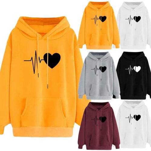 Spring Autumn Women Love Print Fleece Hoodies With Front Pocket Casual Loose Fit Long Sleeve Sweatshirt