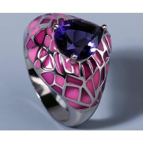 925 Silver Ladies Jewelry AAAA Dark Blue Big Zircon Ring Pink Epoxy Irregular Creative Ladies Exquisite Jewelry Handmade Enamel
