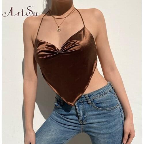 Y2K Aesthetic Satin Bralette Halter Top Women Brown Vintage 90s Cute Kawaii Clothes Sleeveless V Neck Ruched Cami Tops VE52540
