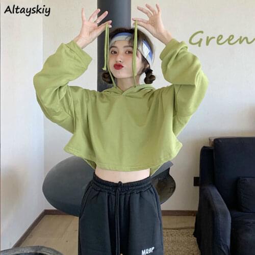 Hoodies Women Lovely Simple Oversize Crop Top Long Sleeve Hooded Womens Sweatshirts Solid Pullover High Street Ulzzang Korean