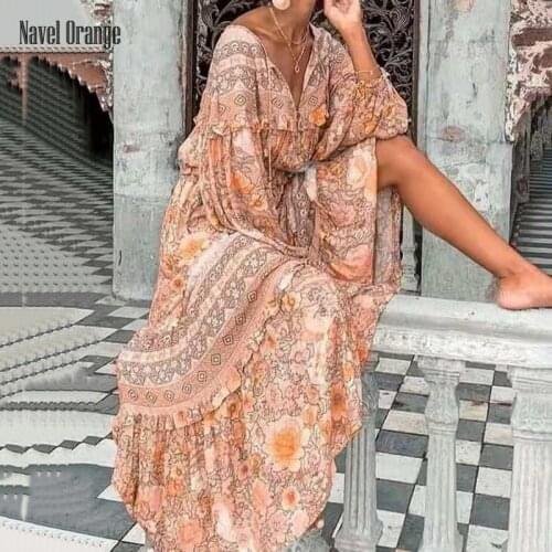 2021 Summer Women Sexy V-neck Printing Long Party Dress Full Lantern Sleeve Bohemian Ladies Dress Elegant High Waist Streetwear