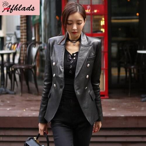 Spring And Autumn Long-Sleeved Women Coat Female Notched Collar Fashion Leather Double-Breasted Black Short Coat Outerwear