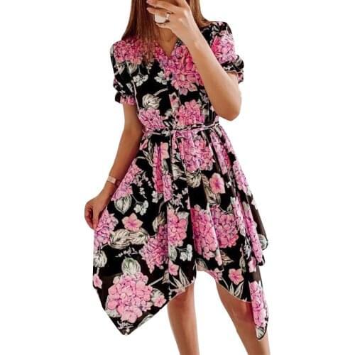 Plus Size Women Floral Print Elegant Dress Fashion V-Neck Short Sleeve Midi Dress Summer Lace-up Irregular Casual Sundress