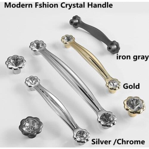 96 128 192mm modern fashion clear crystal win cabinet cupboard wardrobe handle chrome gold iron gray drawer shoe cabinet knob 5"