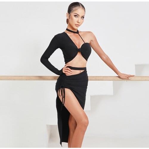 New Black Off-Shoulder Single-Sleeve Blouse Latin Tops Cutout Drawstring Slit Latin Skirt Dresses Latin Performance Wear SL5298