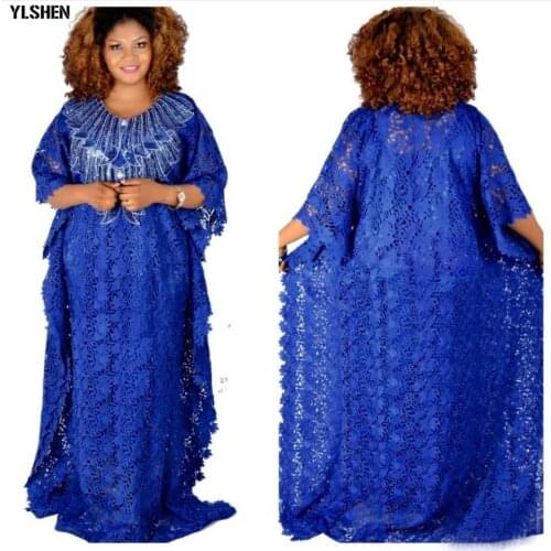 Plus Size Long African dresses for women Dashiki fashion Water-soluble lace loose skirt with beaded embroidery boubou africain