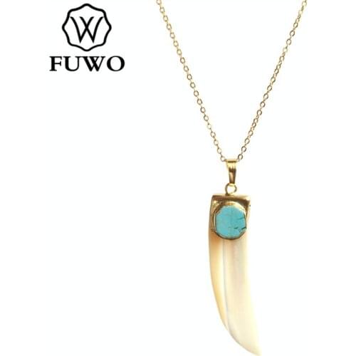 FUWO Unique Long Horn Shell Turquoises Charm Necklace with Gold Trimmed Hand Carved Natural Seashell Pendant For Women NC528