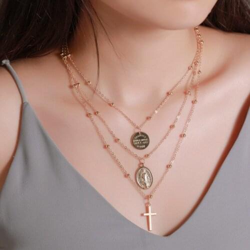 Hot Fashion alloy Multi-Layer Cross Necklace for women Metal Letter Christian Jesus Pendant Necklace Jewelry Wholesale
