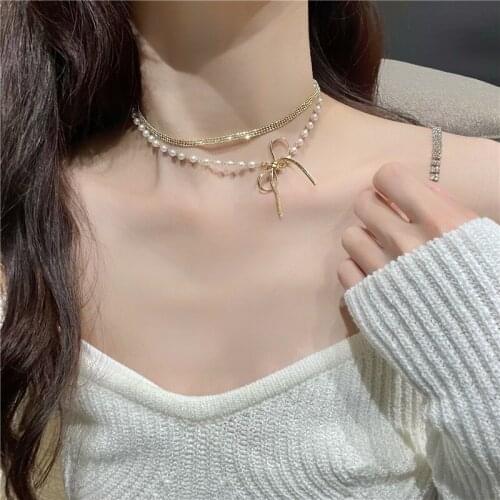 Fake Pearl Necklace Double Bow Collarbone Chain Choker Light Luxury Minor choker for Spring 2021