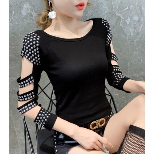 Club Womens Rhinestone long sleeve t-shirts Female diamond tshirt bead Tops Rivet woman summer Tees camisetas mujer verano