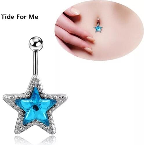 Fashion Surgical Steel New Double Pentagram Dangle Navel Rings White pink Crystal Belly Button Ring Navel Piercing Body Jewelry