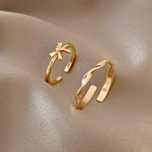 Retro Simple 2-Piece Set Bowknot Metal Ring Elegant Temperament Women Gold Opening Ring Fashion Girl Party Jewelry
