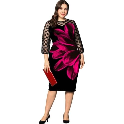 Summer Dress Women 2021 Casual Plus Size Slim Mesh Patchwork Office Pencil Bodycon Dresses Elegant Floral Print Long Party Dress