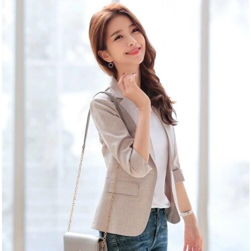 Summer Fashion Slim Womens Blazers And Jackets Pink White Black Office Work Wear Three Quarter Autumn Slim Plus Size Coats