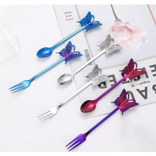 Fashion Multicolor Durable Stainless Steel Spoon Butterfly Long Handle Coffee Tea Stirring Spoon Home Kitchen Dining Tableware