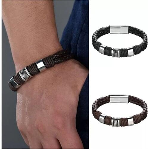 Mens Genuine Leather Handmade Bracelet Wristband Weaved Double Layer Stainless Steel Fashion Men Jewelry