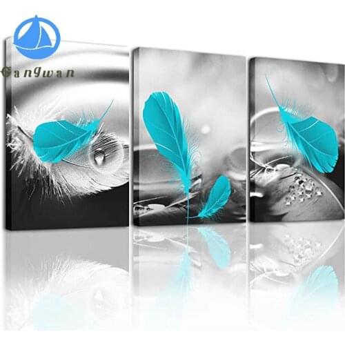 Black and white 3 piece set of blue feather pictures home decoration 5D Diy Embroidery Diamond Painting Mosaic Cross Stitch Kits