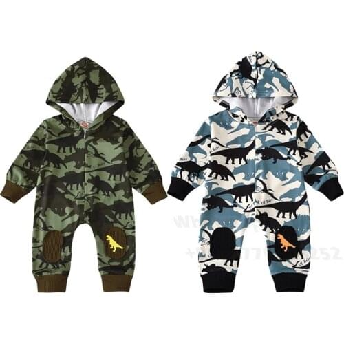 0-12M Newborn Baby Boys Camouflage Dinosaur Jumpsuit Zipper Autumn Fashion Casual Long Sleeve Infant Baby Boys Hooded Rompers