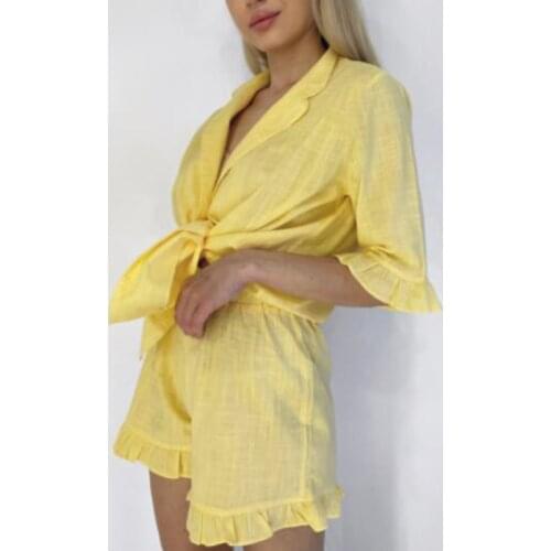 Holiwind 2021 Shorts Sets Ruffed Sleeves Pajamas Solid Color Cotton See-Through Blouse Flared Sleeves Solid Color