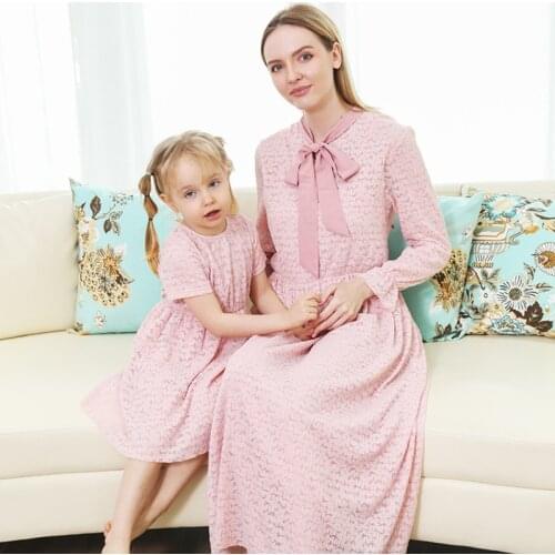 2021 Summer Autumn Family Matching Long Sleeve Dress Mother Daughter Sweet Comfortable Floral Print Bow Cotton Elegant Dresses