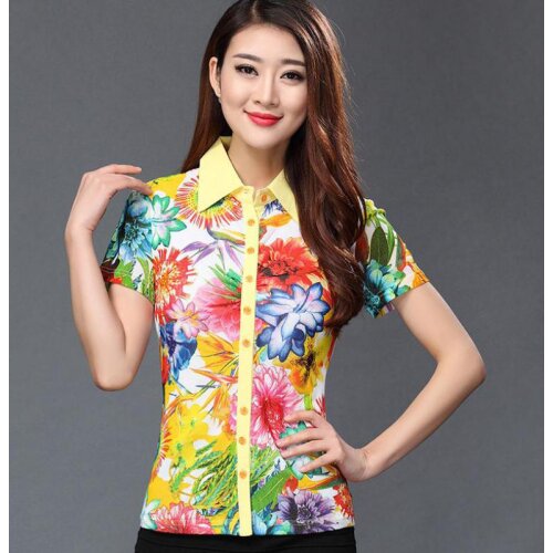 3XL Summer New Floral Pattern Slim Stretch Short Sleeve Blouse Shirt For Woman , Female Womens Pleated Painted Blouses Shirts