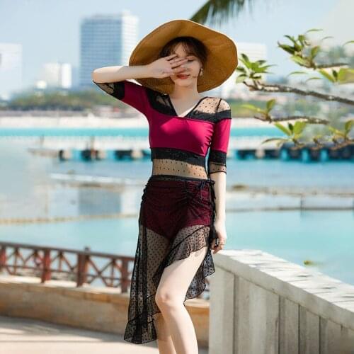 Sexy swimsuit womens two piece lace medium sleeve high end hot spring cover belly Xianzi thin fairy split skirt swimwear bathe