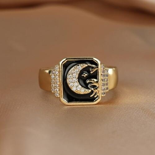 Punk Gold Moon Zircon Open Ring for Women Men Trendy Square Index Finger Adjustable Rings Drip Oil Crafts Jewelry Party Gift