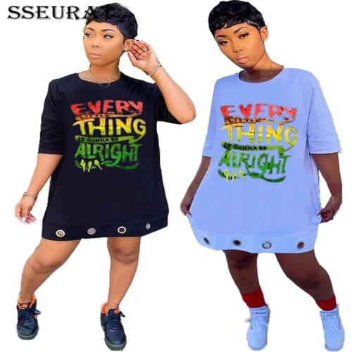 SSEURAT Women Letter Print O-neck Half Sleeve Loose Slim T-shirt Dress Fashion Streetwear Dressses