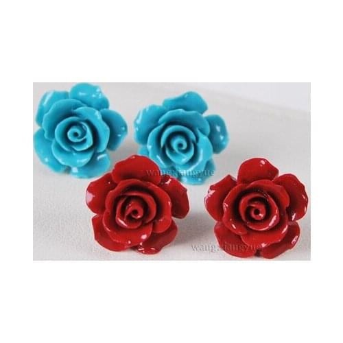 2pairs Red/Blue Coral Hand Carved Flower Earrings Silver Stud Grade>Lovely Fine Nobility Ladys Womens Earrings