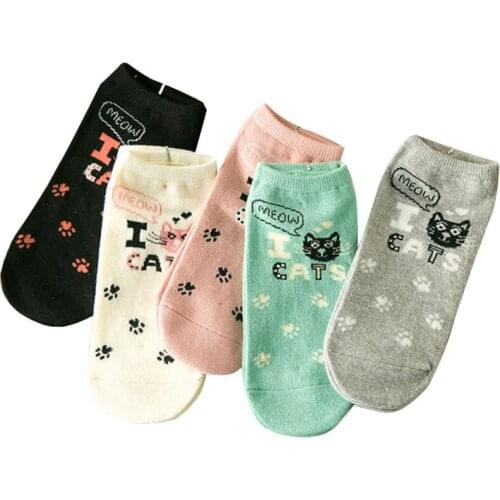 5 Pairs New Low Cut Ankle Socks Cartoon Cute Cat Face Invisible Shallow Mouth Womens Cotton Short Socks Low Cut Ankle Socks Sox