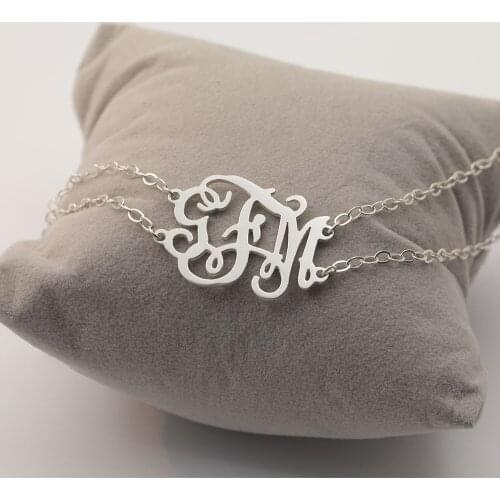 925 Silver Monogrammed Bracelet with Name Initial 1.2" Monogram Bracelet Double Chain