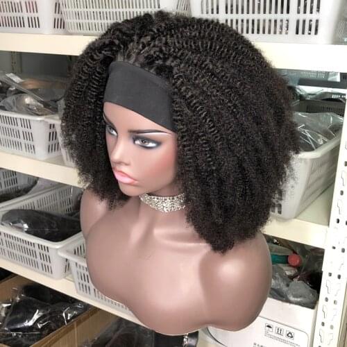 Afro Kinky Curly Wig 180% Density Human Hair Headband Wig Short Curly Full Machine Made Human Hair Wig With Headband No Glue