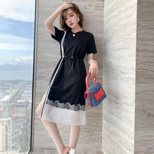 Awarose Lace Patchwork Drawstring High Waist Loose T-shirt Dress For Women Short Sleeve Casual Zipper Split Knee Length Sundress
