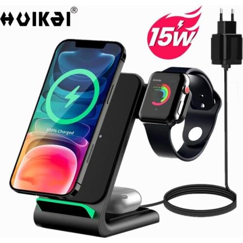 Wireless Charging Stand 3 in 1 Station Dock 15W Fast Charger for iWatch SE/6/5/4/3/2 Airpods Pro iPhone 12/12 Pro/ 11/11 Pro/X/8