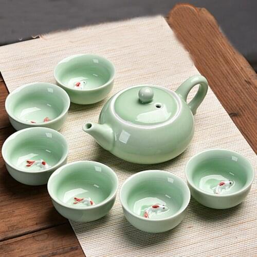 Chinese Tea Set Porcelain Celadon Fish Teacup Set Teapot Drinkware Oolong Tea Kung Fu Tea Set Ceramic Tureen (Not include Tray)