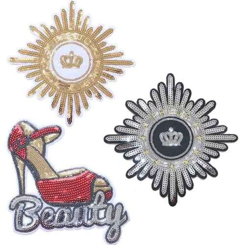 Colorful Gold Silver Sequins Crown High heels Cloth Applique for Craft Wedding Clothing Decor Patch Scrapbooking DIY Card badges