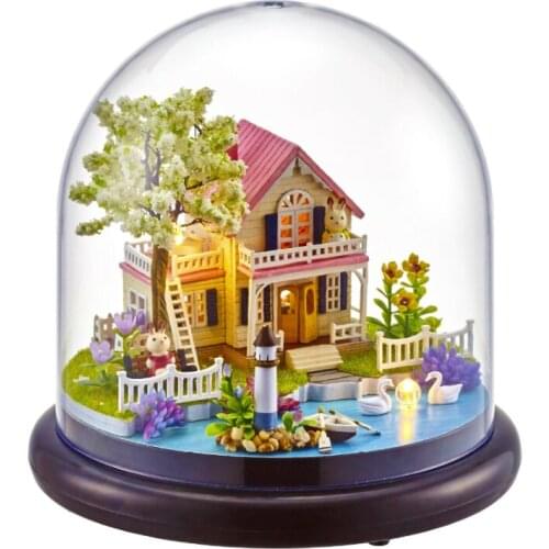 Mini Doll House Spring of Flowers Wooden Handmade Miniature Furniture Crafts DIY Glass Ball Dollhouse Toys Building Model Kits