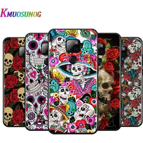 Art Flower Skull For Huawei Mate 10 20 20X(5G) 30 40 40RS Nova5i PRO Lite Plus Black Soft Phone Case