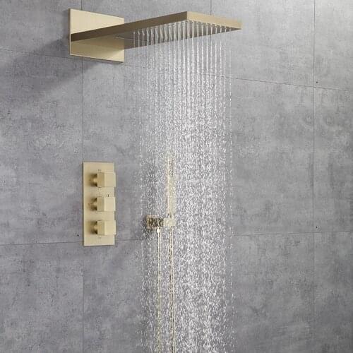 Bath Shower Faucet Set Auto-Thermostat Control Brass Brushed Gold/Black In-Wall Shower Mixer Tap Hot & Cold with Handheld Shower