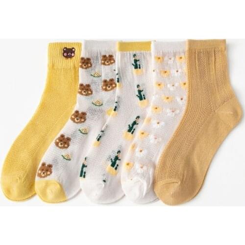 Thin Lace Breathable Woman Socks Cartoon Print Lolita Kawaii Cute Crew Socks Summer Harajuku Retro Casual Soft Cotton Long Socks