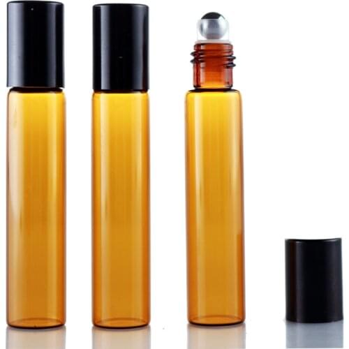 Wholesale 100Pieces/Lot 10 ML Roll On Portable Amber Glass Refillable Perfume Bottle Empty Essential Oil Case With aluminum Cap