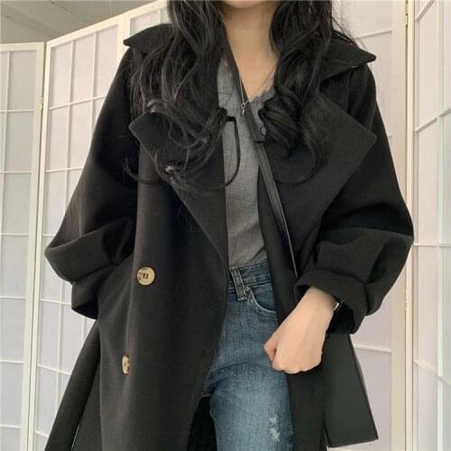 Korean Chic Lantern Sleeve Woolen Coat With Belt Female High Quality Solid Color Overcoat Turn-down Collar Women Overcoats