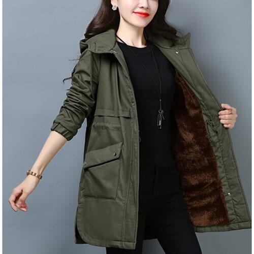 Plus size Solid Winter Hooded Jacket Thicken velvet Adjustable waist Slim Womens Cotton Outwear Warm Casual Female Long Coats