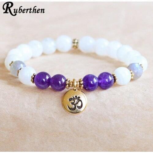 Ruberthen 8 mm A Grade Moonstone Mala Bracelet Ohm Charm Crystals Yoga Bracelet Handmade Spiritual Energy Bracelet For Women