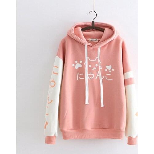 Japanese Mori Girl Preppy Kawaii Pink Sweatshirt Women Harajuku Anime Cat Clothes Warm Lovely Cute Paw Graphic Pullover Outwear